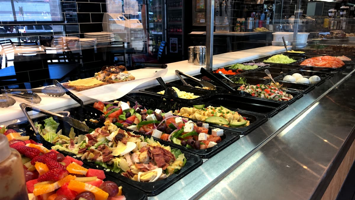 The salad bar with Greek salad, Caesar, fresh fruit and rice salad