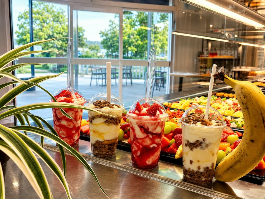 Yoghurt parfait cups and fresh fruit on display