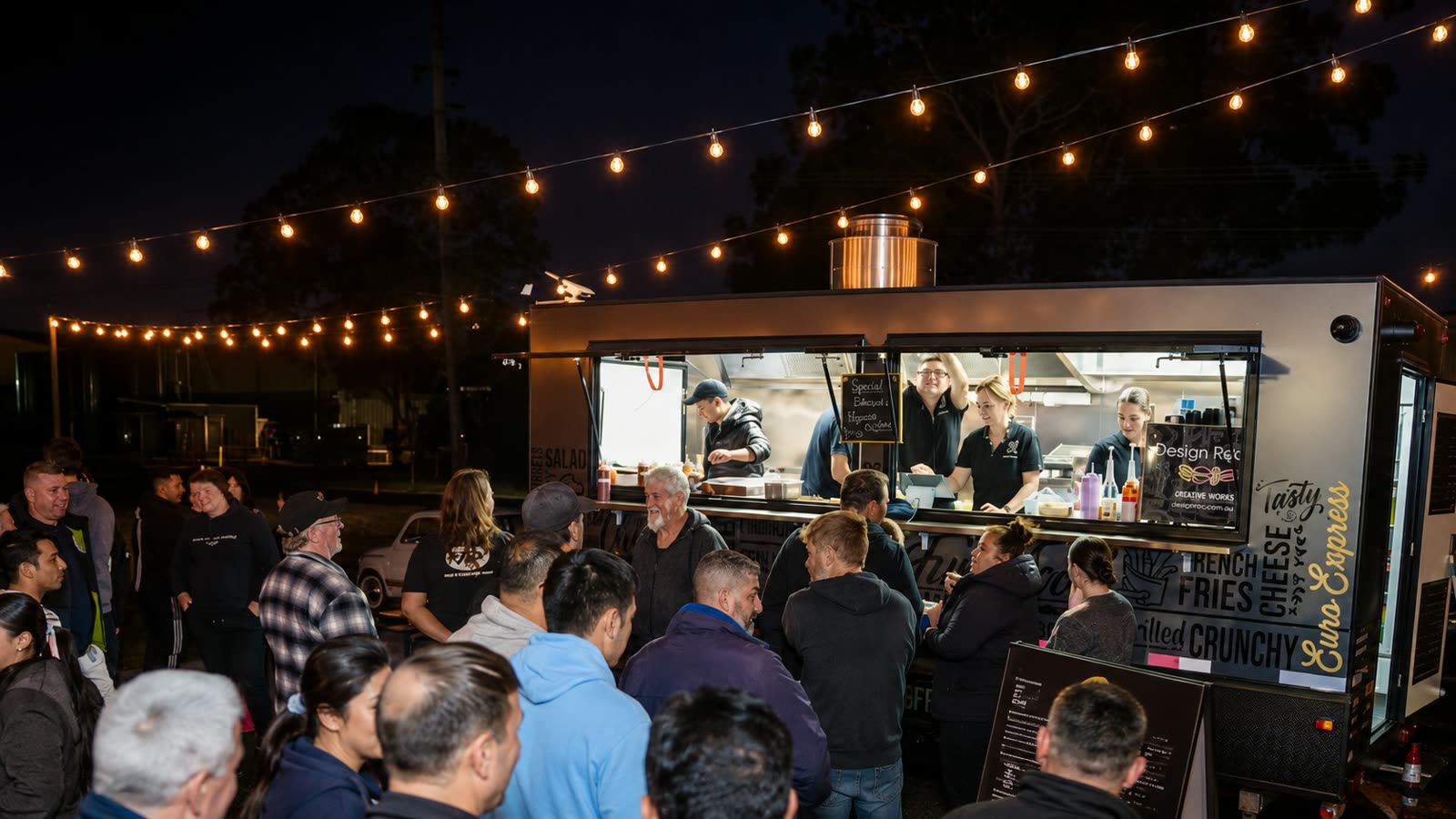 The Euro Express trailer serving a crowd at an evening event