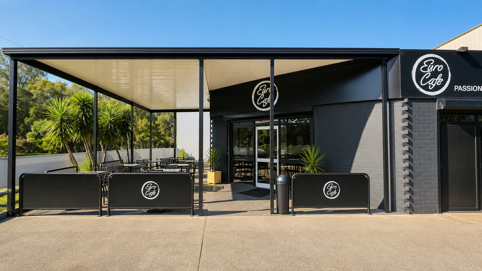 Euro Cafe Riverside shopfront with its covered outdoor seating