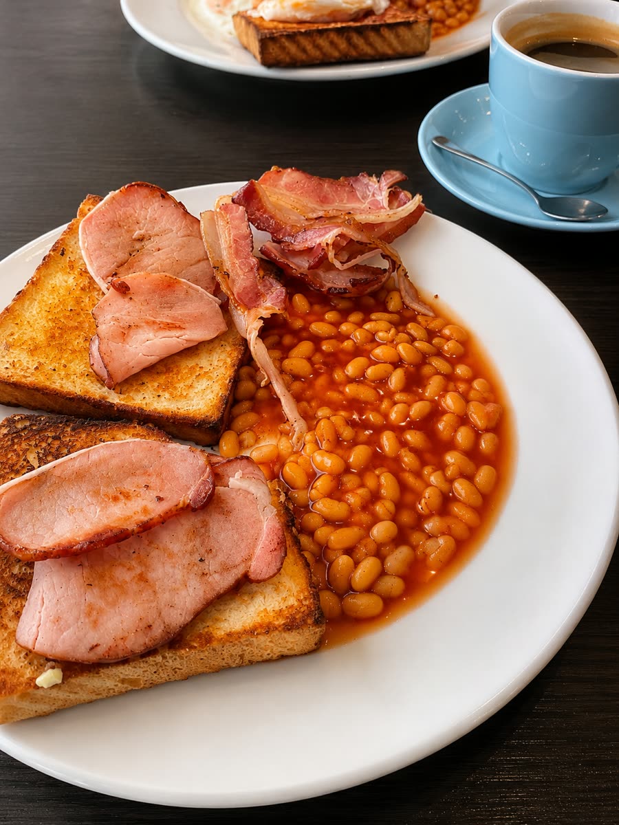 Bacon and Egg Breakfast with fried tomato, beans and toast